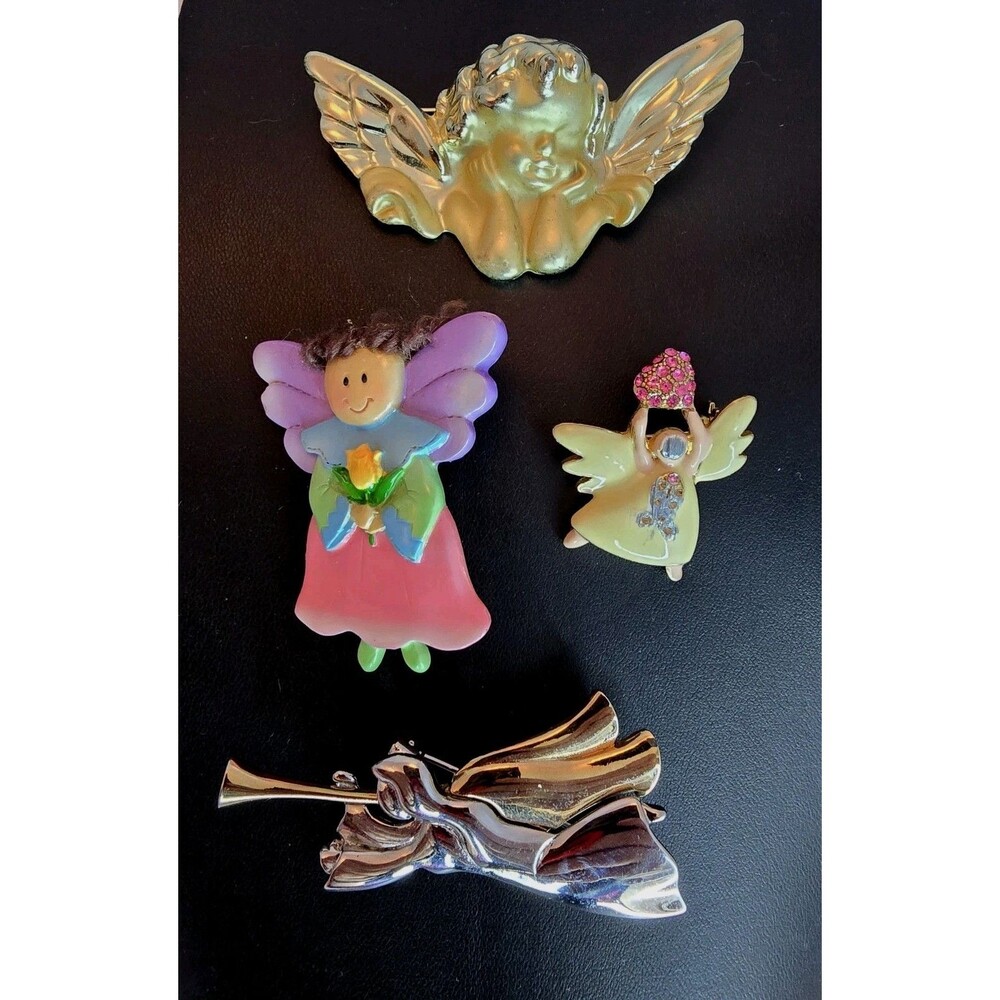 Vintage Angel Brooch Lot Gold Cherub Head Trumpet Music Enamel Rhinestone #805